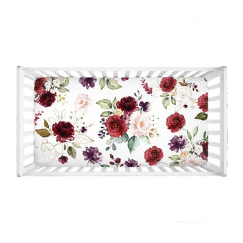 Floral Crib Sheet, Red Blush Pink Blue Maroon Burgundy Gold Green Leaves Watercolor Flowers Shower Gift Nursery Crib Mattress Cover C165