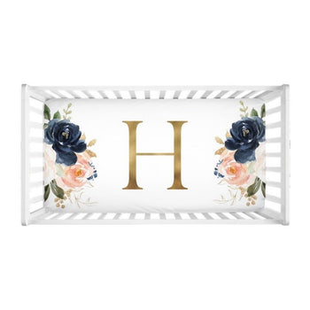 Floral Crib Sheet Watercolor Navy Blue Coral Blush Pink Newborn Baby Girl Name Flowers Shower Gift Nursery Crib Mattress Cover C110