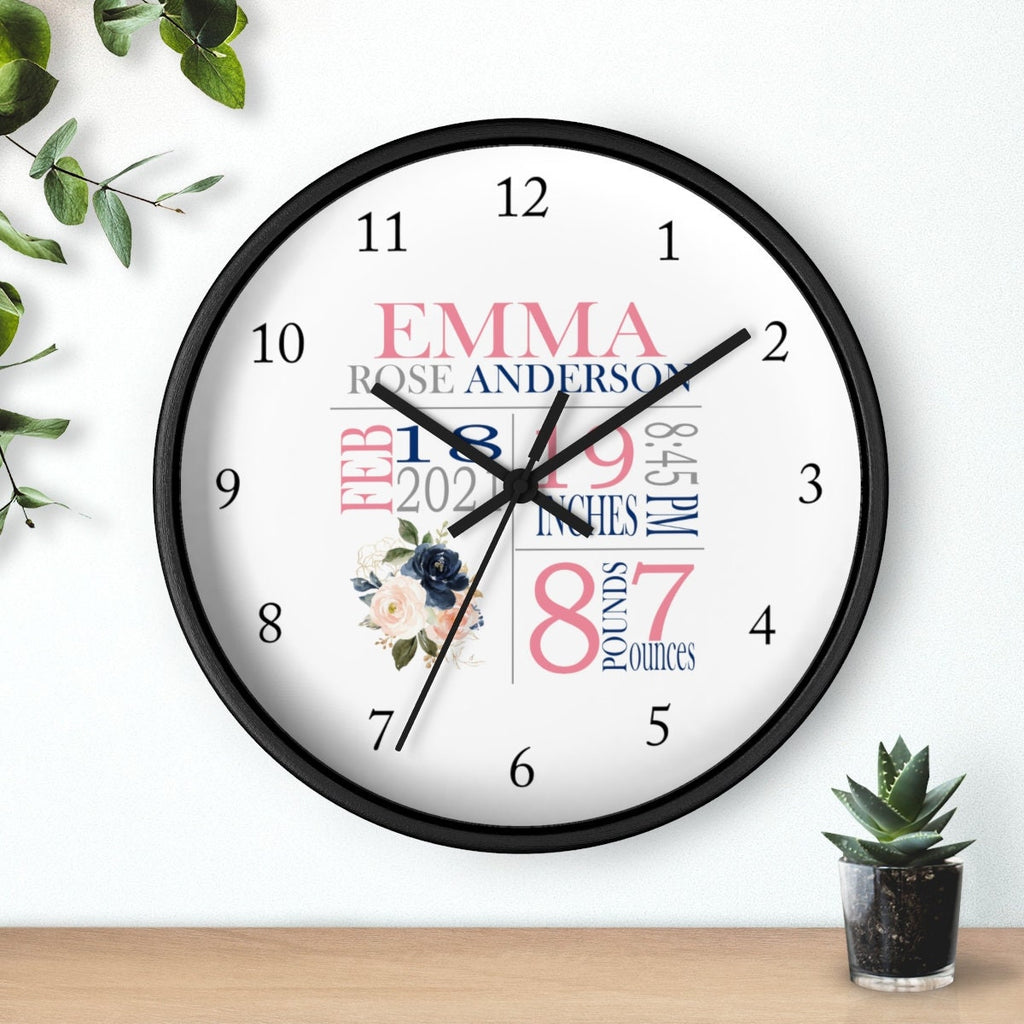 Floral Wall Clock, Navy Blue Blush Pink Watercolor Flowers Birth Announcement Birth Stats Nursery Wall Clock, Baby Girl Bedroom Decor