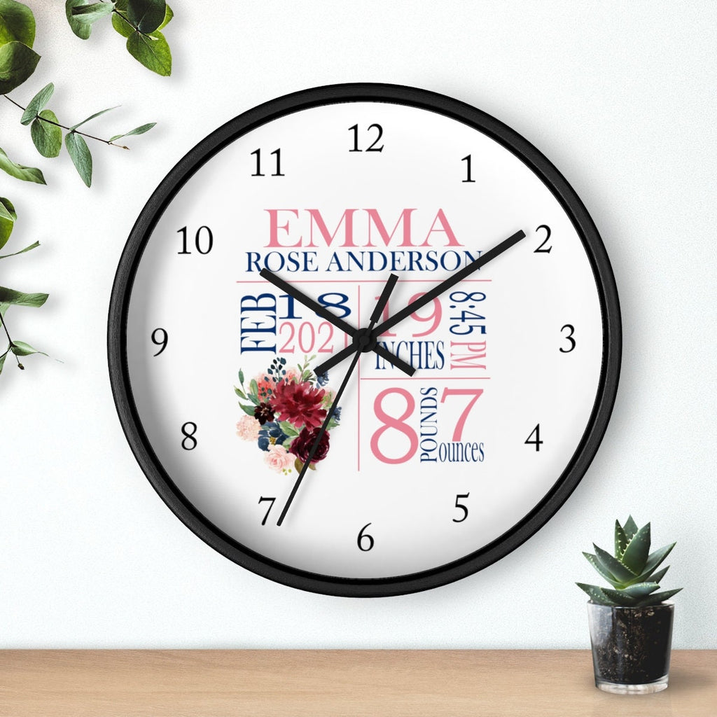 Floral Wall Clock, Burgundy Navy Blush Pink Watercolor Flowers Birth Announcement Birth Stats Nursery Wall Clock, Baby Girl Bedroom Decor