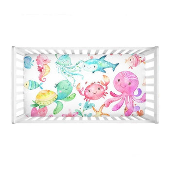 Sea Animals Animals Crib Sheet Under the Sea Watercolor Turtle Octopus Turtle Jelly Fish Baby Shower Gift Nursery Crib Mattress CoverC167