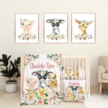 Farm Animals Blush Pink Floral Baby Girl Nursery Bedding Shower Gift: Crib Sheet,16x16 Throw Pillow,30x40 Minky Blanket,3(11x14) Wall Art