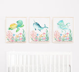 Sea  Animals Under The Sea Baby Ocean Nursery Bedding Baby Shower Gifts:Crib Sheet,16x16 Throw Pillow,30x40 Minky Blanket,3(11x14) Wall Art