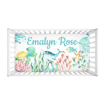 Sea Animals Animals Crib Sheet Under the Sea Watercolor Turtle Jelly Fish Narwhal Shark Baby Shower Gift Nursery Crib Mattress CoverC170