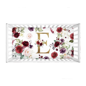 Floral Crib Sheet, Red Blush Pink Blue Maroon Burgundy Gold Green Leaves Watercolor Flowers Shower Gift Nursery Crib Mattress Cover C173