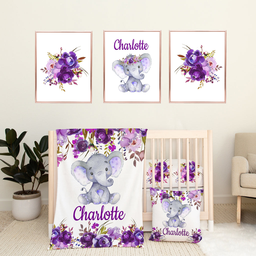 Elephant Purple Watercolor Floral Baby Girl Nursery Collection Gift Set: Crib Sheet,16x16 Throw Pillow,30x40 Minky Blanket,3(11x14) Wall Art