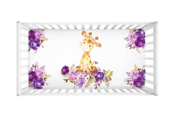 Giraffe Baby Girl Crib Sheet Watercolor Purple Lavender Floral Newborn Toddler Flowers Shower Gift Nursery Crib Mattress Cover C132
