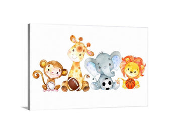 Safari Animals Sports Nursery Wall Art Canvas, Monkey Lion Giraffe Elephant Sports Decor - 20x30 inch CANVAS C999
