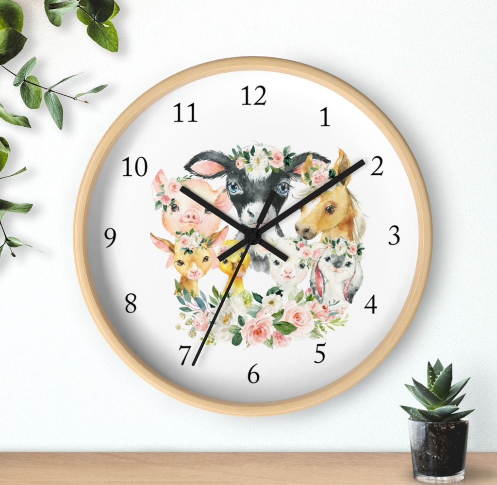 Farm Animals Floral Wall Clock, Blush Pink Watercolor Flowers Nursery Wall Clock, Bedroom Decor, Cow Pig Horse Chicken Goat Bunny T142