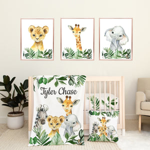 Safari Animals Nursery Bedding Collection Set, Greenery Leaves Jungle :Crib Sheet,16x16 Pillow,30x40 Minky Blanket,3(11x14) Wall Art Prints