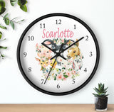 Farm Animals Floral Wall Clock, Blush Pink Watercolor Flowers Nursery Wall Clock, Bedroom Decor, Cow Pig Horse Chicken Goat Bunny T143