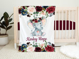 Elephant Burgundy Red Blush Pink Navy Blue Floral Girl Nursery: Crib Sheet,16x16 Throw Pillow,30x40 Minky Blanket,3(11x14) Unframed Wall Art