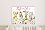 Safari Animals Girl Floral Nursery Name Sign Wall Art Blush Pink Watercolor Flowers Baby Bedroom Personalized Shower Gift CANVAS C1003