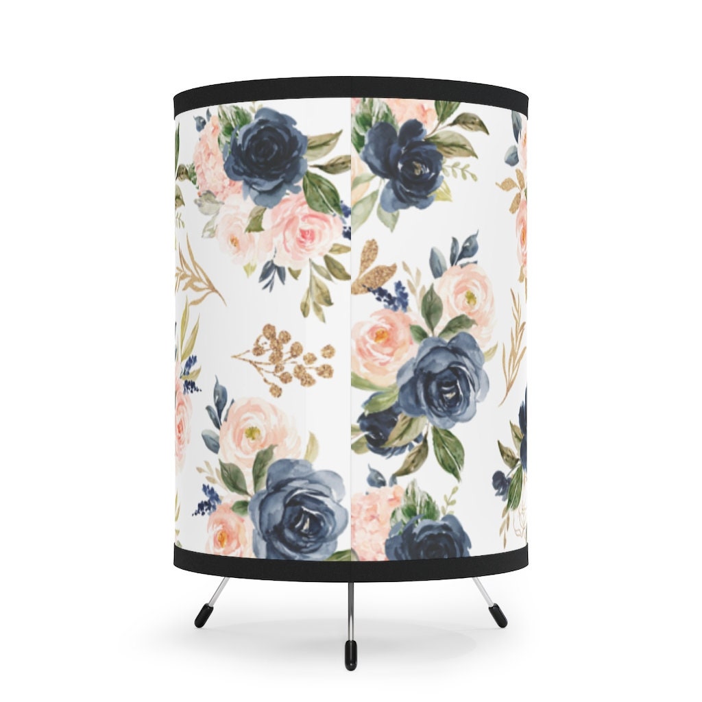 Floral Tripod Table Lamp, Navy Blue Blush Pink Gold Watercolor Flowers Nursery Decor Girl Bedroom Decor Living Room Table Lamp