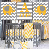 Elephants Nursery Wall Art Yellow Gray Chevron Stripes Neutral Baby Boy Girl Bedroom Decor Name Monogram Baby Shower C156