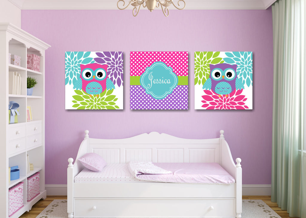 Owls Nursery Wall Art Purple Pink Teal Lime Green Flowers Floral Polka dots Name Monogram Girl Bedroom Decor Bathroom  C427