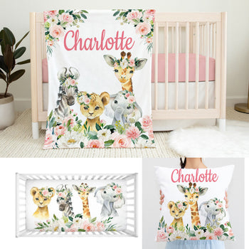 Safari Animals Blush Pink Floral Girl Nursery Collection -Crib Sheet,14x14 Throw Pillow, 30x40 Minky Blanket