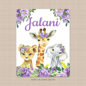 Jungle Animals Baby Name Blanket Purple Floral Safari Newborn Monogram Flowers Baby Shower Gift Crib Bedding Lion Elephant Giraffe B1141
