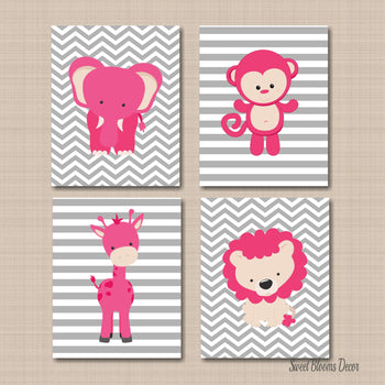 Jungle Animals Girl Nursery Decor Wall Art Pink Gray Chevron Stripes Baby Girl Bedroom Decor Baby Shower Gift Modern C510-Sweet Blooms Decor