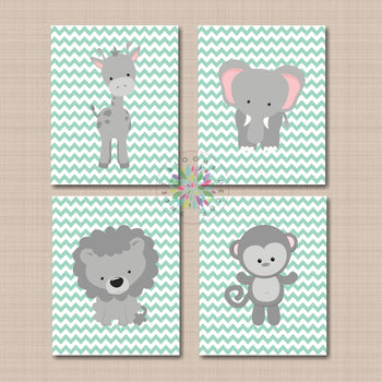 Jungle Animals Nursery Decor Gray Mint Green Chevron Safari Nursery Wall Art Monkey Elephant Lion Giraffe Gift C729-Sweet Blooms Decor