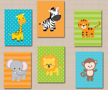Jungle Animals Nursery Wall Art Decor Safari Zoo Baby Boy Girl Neutral Polkadots Chevron Stripes Teal Orange Green Baby Shower Gift 502-Sweet Blooms Decor