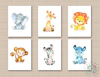 Jungle Animals Nursery Wall Art Safari Baby Room Decor Neutral Modern Watercolor Lion Monkey Elephant Giraffe Hippo C705-Sweet Blooms Decor