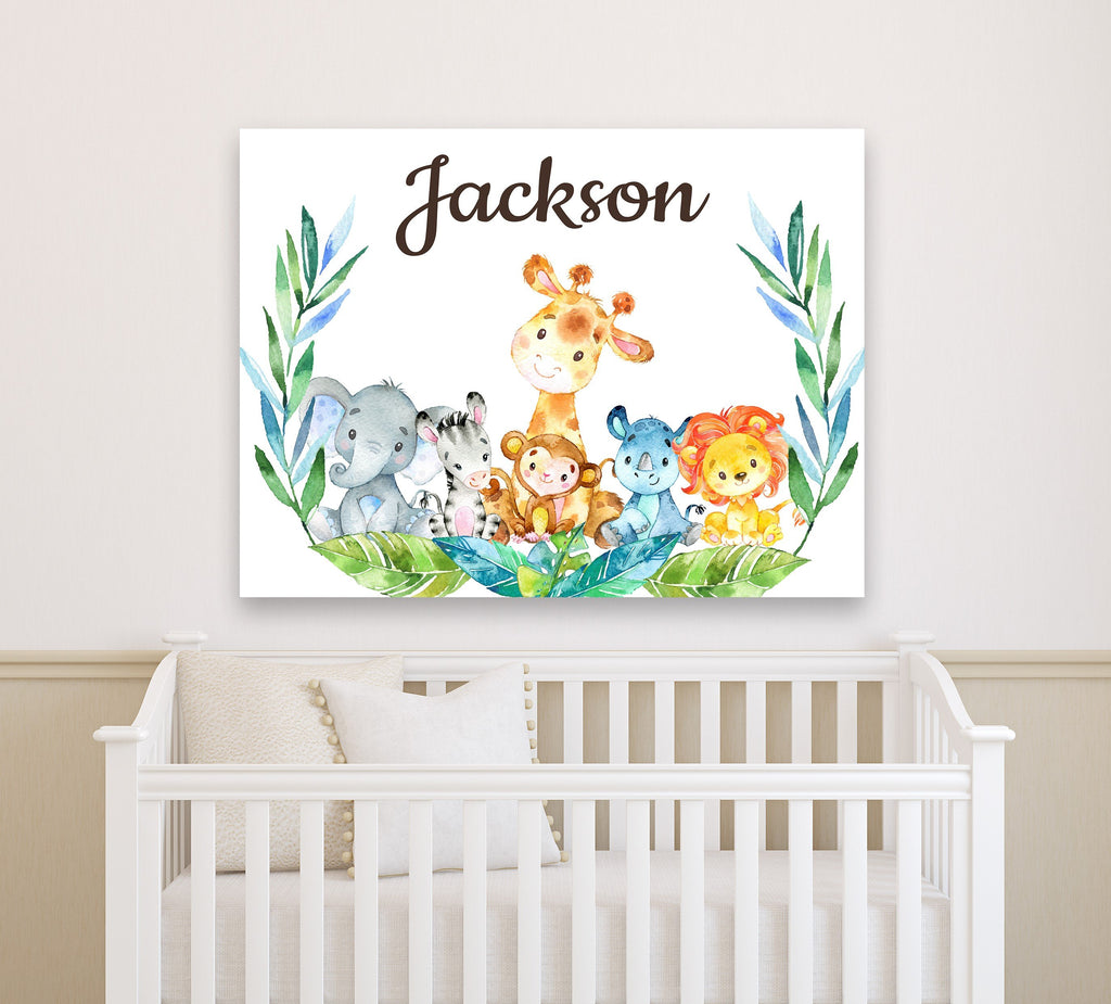 Jungle Safari Animals Nursery Name Sign Wall Art Tropical Leaves Baby Bedroom Decor Personalized Baby Shower Gift CANVAS C891 