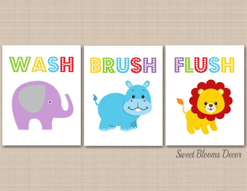 Kids Bathroom Wall Art,Animals Bathroom Wall Art,Hippo Bathroom Wall Art,Elephant Lion Hippo Decor,Wash Brush Flush PRINTS or CANVAS B100-Sweet Blooms Decor