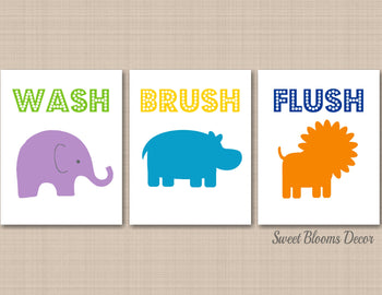 Kids Bathroom Wall Art,Hippo Bathroom Wall Art,Animals Bathroom Wall Art,Elephant Lion Hippo Decor,Wash Brush Flush PRINTS or CANVAS B159-Sweet Blooms Decor