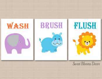 Kids Bathroom Wall Art,Hippo Bathroom Wall Art,Animals Bathroom Wall Art,Elephant Lion Hippo Wash Brush Flush PRINTS or CANVAS B110-Sweet Blooms Decor