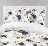 Kids Comforter Navy Blue Blush Pink Coral Flowers Bedding Set Bedroom Room Decor  Floral Bedding Set Pillow Shams Throw Pillow   105