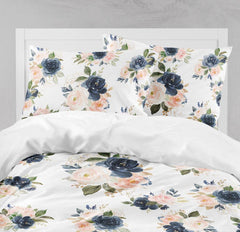 Kids Comforter Navy Blue Blush Pink Coral Flowers Bedding Set Bedroom Sweet Blooms Decor