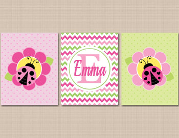 Ladybugs Nursery Wall Art Pink Lime Green Baby Girl Bedroom Decor Floral Flowers Chevron Name Monogram C194-Sweet Blooms Decor