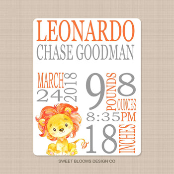 Lion Baby Boy Name Blanket Personalized Birth Announcenent Orange Gray Birth Stats Baby Boy Girl Shower Gift Nursery Bedding Decor B796