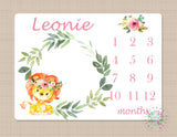 Lion Milestone Blanket Baby Girl Floral Pink Personalized Blanket Monthly Growth Tracker Animals Newborn Photo Prop Baby Shower Gift 655