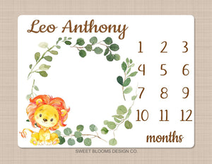 Lion Milestone Blanket Monthly Growth Tracker Watercolor Personalized Wreath Animals Leaves Baby Boy Nursery Decor Baby Shower Gift B840