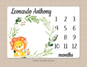 Lion Milestone Blanket Monthly Growth Tracker Watercolor Personalized Wreath Animals Leaves Baby Boy Nursery Decor Baby Shower Gift B841