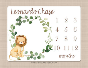 Lion Milestone Blanket Monthly Growth Tracker Watercolor Personalized Wreath Animals Leaves Baby Boy Nursery Decor Baby Shower Gift B843