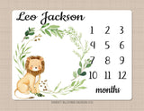 Lion Milestone Blanket Monthly Growth Tracker Watercolor Personalized Wreath Animals Leaves Baby Boy Nursery Decor Baby Shower Gift B845