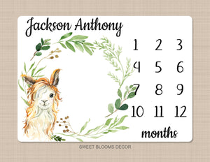 Llama Baby Boy Milestone Blanket Monthly Growth Tracker Newborn Green Leaves Name Baby Shower Gift B1020