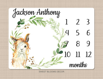 Llama Baby Boy Milestone Blanket Monthly Growth Tracker Newborn Green Leaves Name Baby Shower Gift B1020