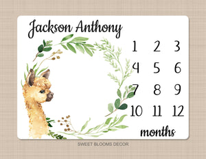 Llama Baby Boy Milestone Blanket Monthly Growth Tracker Newborn Green Leaves Name Baby Shower Gift B1021
