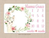 Llama Pink Floral Milestone Blanket Monthly Growth Tracker Newborn Baby Girl Name Baby Shower Gift B1022