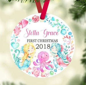 Memaid Christmas Ornament Personalized Sea Animals Baby Girl 1st First Christmas Baby Shower Gift New Baby Holiday Ornament Flowers