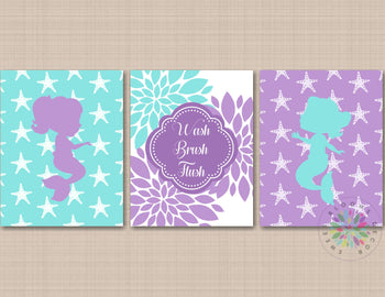 Mermaid Bathroom Wall Art Floral Mermaid Girl Bathroom Wall Art Purple Aqua Bathroom Decor Baby Wash Brush Flush PRINTS or CANVAS B167-Sweet Blooms Decor