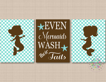 Mermaid Bathroom Wall Art,Brown Teal Aqua Mermaid Wall Art,Sea Animals Bathroom Wall Art,Mermaid Brown Teal Nursery PRINTS or CANVAS C658-Sweet Blooms Decor