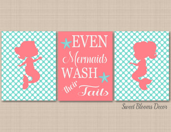 Mermaid Bathroom Wall Art,Coral Teal Aqua Mermaid Wall Art,Sea Animals Wall Art,Mermaid Coral Teal Nursery Wall Decor PRINTS or CANVAS C415-Sweet Blooms Decor