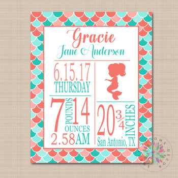 Mermaid Birth Print Coral Teal Aqua Mermaid Birth Announcement,Mermaid Birthday ,Mermaid Nursery Decor Mermaid Art-PRINT OR CANVAS-Sweet Blooms Decor