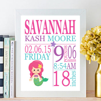 Mermaid Birth Print,Mermaid Birth Announcement,Mermaid Baby Shower ,Mermaid Nursery Decor,Purple Pink Mermaid Art-PRINT OR CANVAS-Sweet Blooms Decor