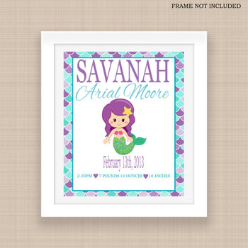 Mermaid Birth Print,Mermaid Birth Announcement,Mermaid Baby Shower ,Mermaid Nursery Decor,Purple Pink Teal Mermaid-PRINT OR CANVAS-Sweet Blooms Decor